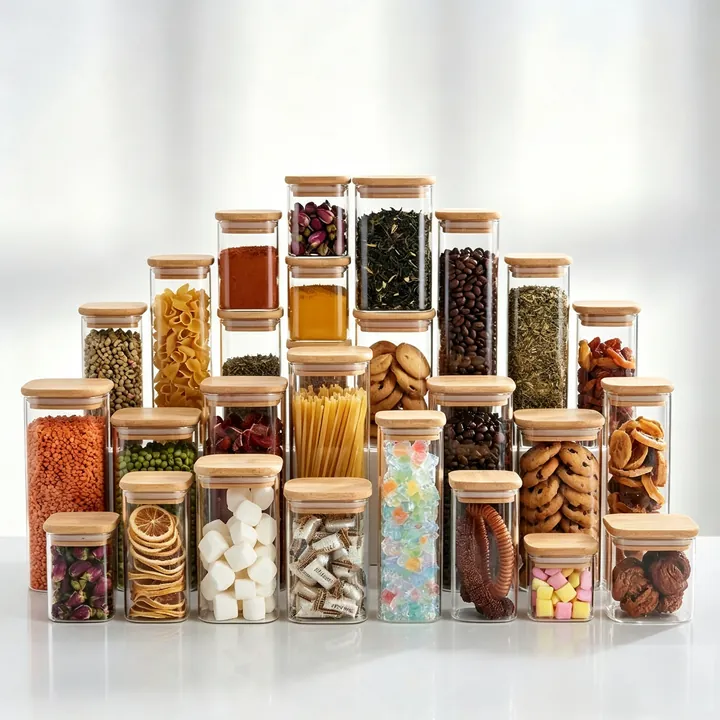 Large pantry collection of bamboo lid glass storage canisters in different sizes