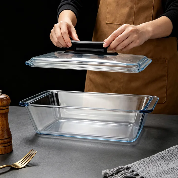 Plat à four rectangulaire en verre avec couvercle en verre et poignée noire