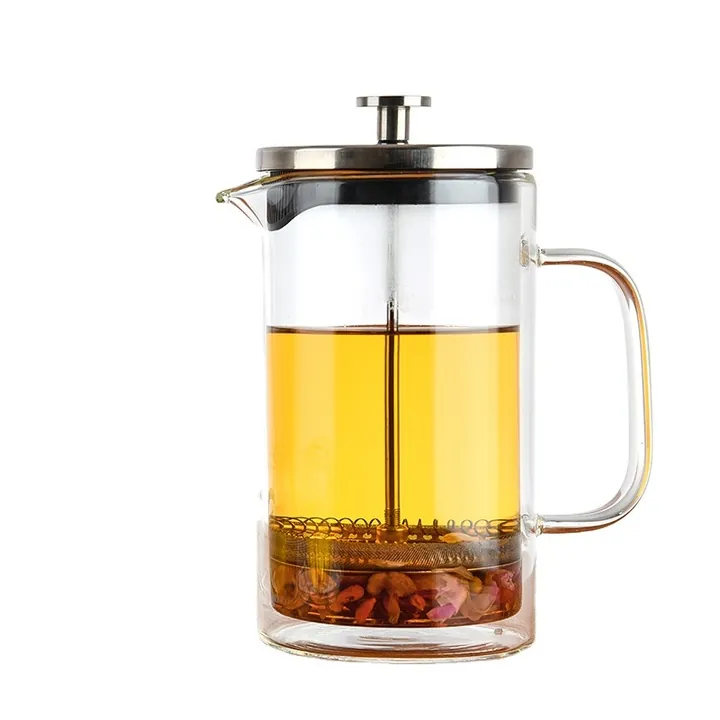 Cafetière à piston en verre à double paroi avec couvercle en acier inoxydable
