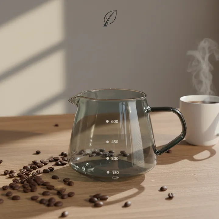 Carafe à café en verre avec graduations imprimées et logo de la marque