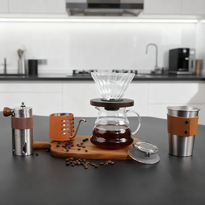 Ensemble pour café à verser comprenant un filtre en verre, une carafe, un moulin et un mug de voyage