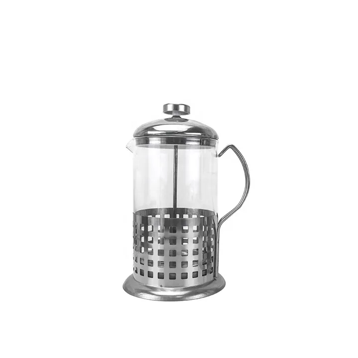 Cafetière à piston en verre avec structure et poignée en acier inoxydable