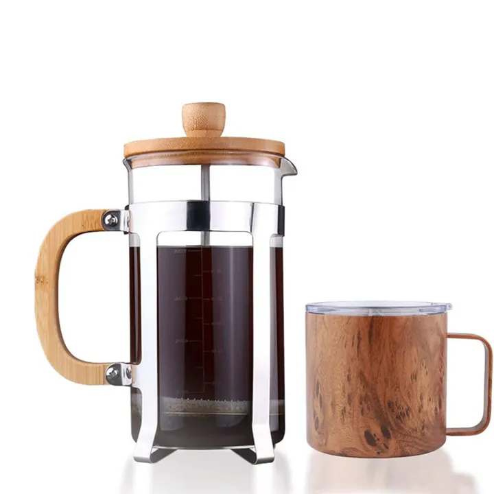 Cafetière à piston en verre avec couvercle et poignée en bois