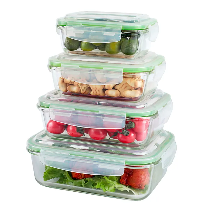 Glass food containers with green sealing lids