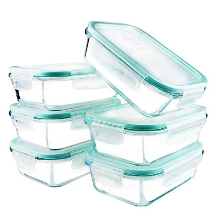 Récipients alimentaires en verre carrés et rectangulaires avec couvercles à fermeture hermétique de couleur bleu sarcelle
