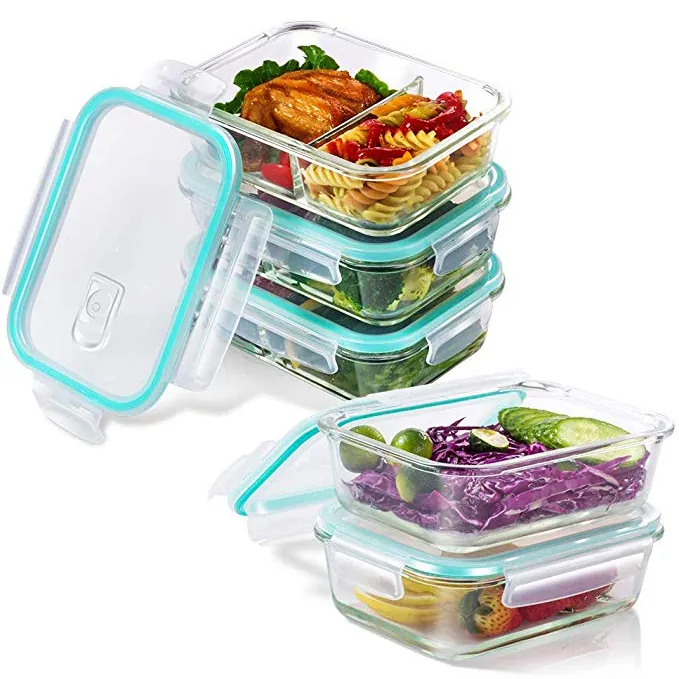 Glass food storage containers filled with prepared meals