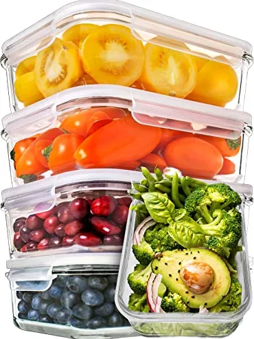 Stacked glass containers with fruits and vegetables