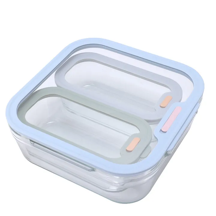 Quadratischer Glasbehälter für Lebensmittel mit unterteiltem, durchsichtigem Deckel und blauem Dichtungsring