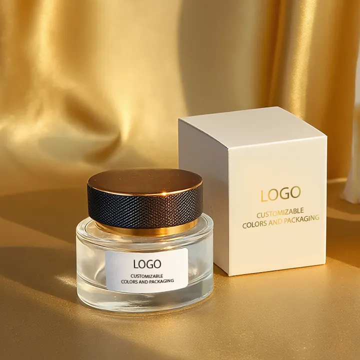 Clear glass cream jar with black gold lid, logo label and custom color box
