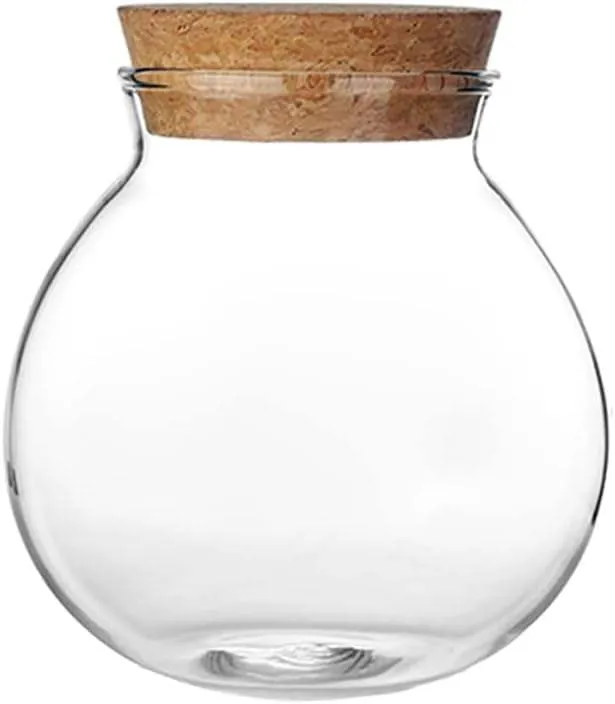 Runder, durchsichtiger Glasbehälter mit flachem Korkdeckel