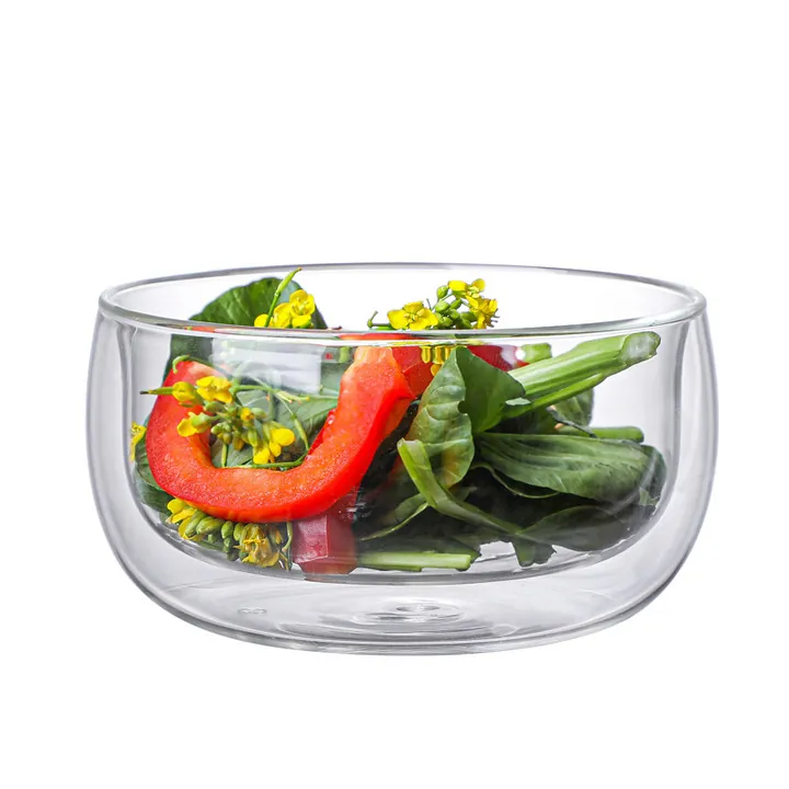 Corbeille à fruits basse et ronde en verre transparent à double paroi