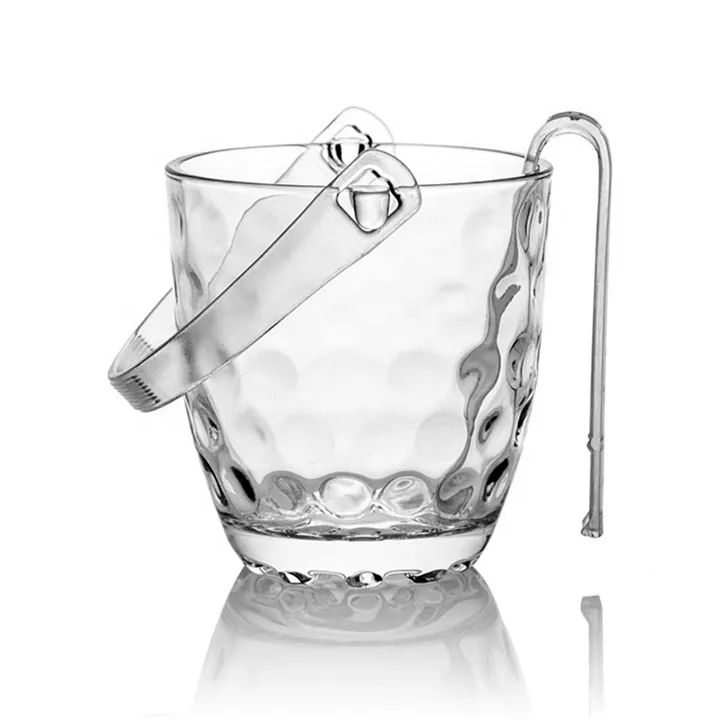 Seau à glace en verre martelé avec une poignée transparente et une longue pince à glaçons