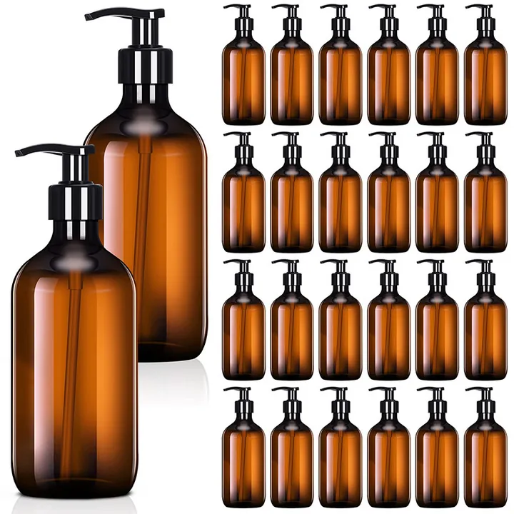 Amber round shoulder glass lotion bottles with pump dispensers