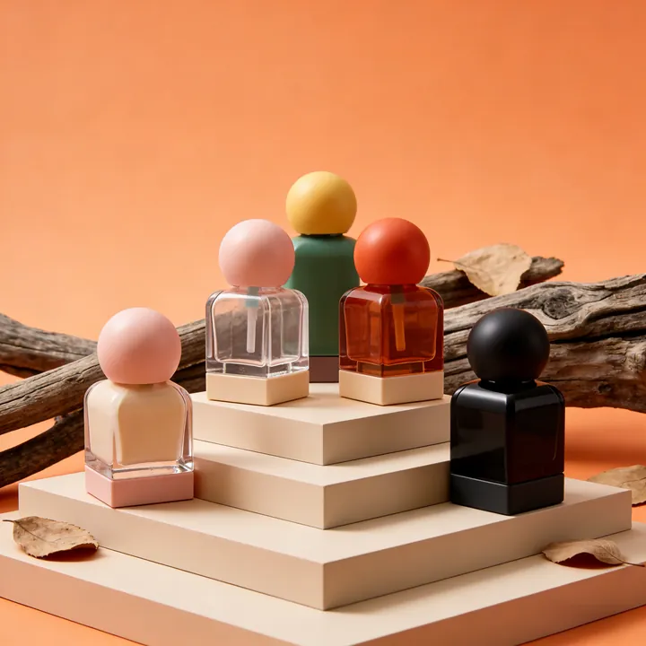 Flacons carrés en verre coloré pour soins de la peau, avec des bouchons ronds colorés