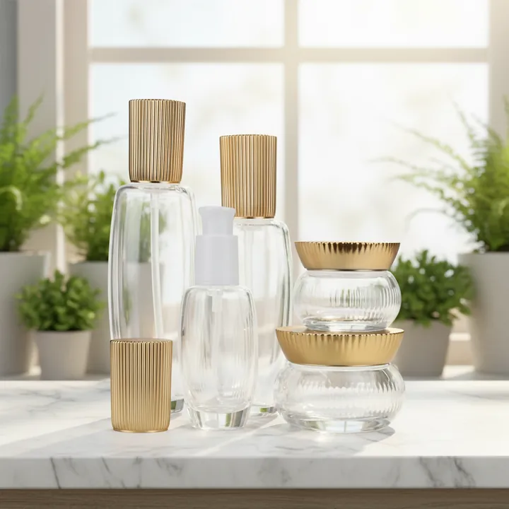 Clear glass skincare bottles and jars with gold ribbed caps