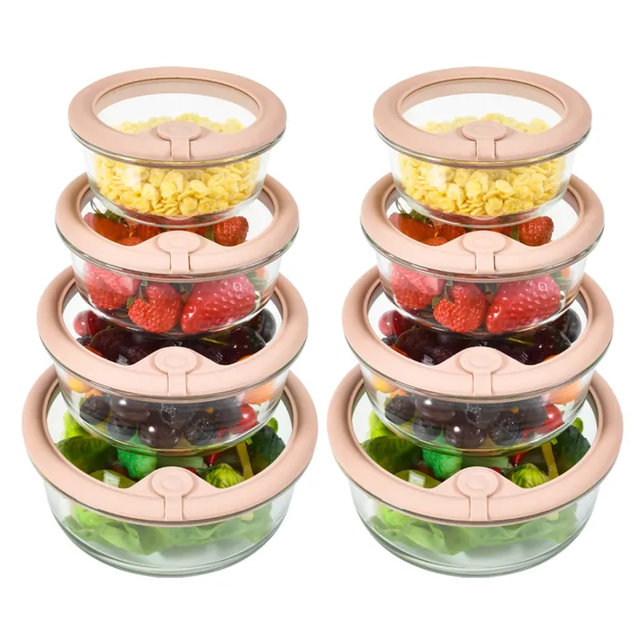 Round glass food bowls stacked with fruits and vegetables
