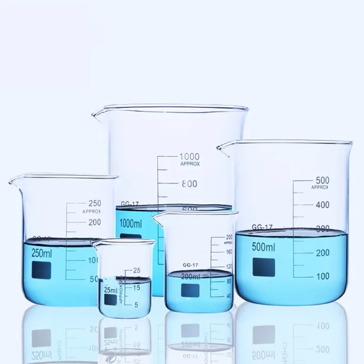 Assorted glass beakers in different capacities
