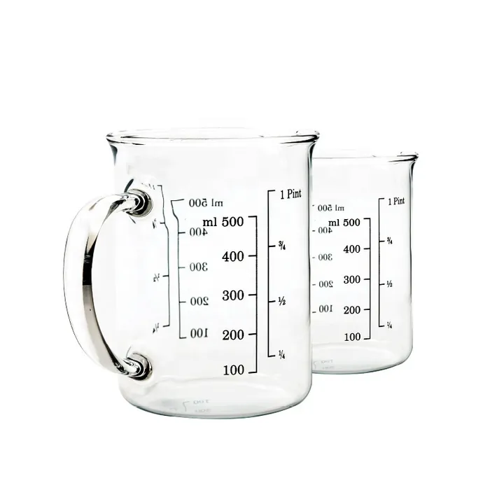 Two glass measuring jugs with black capacity scales