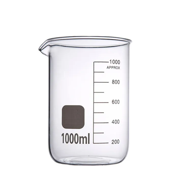 Transparent laboratory beaker with measurement scale