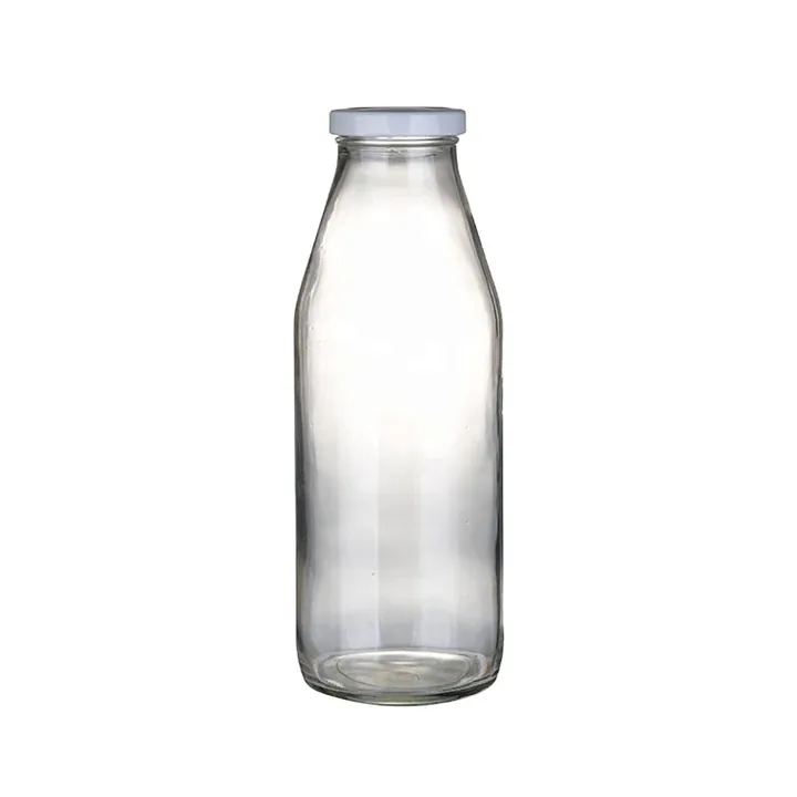 Hohe Milchflasche aus klarem Glas mit grauem Metallverschluss