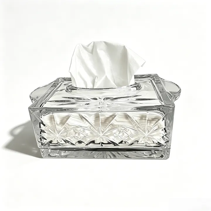 Boîte à mouchoirs en verre transparent rectangulaire, gaufré, avec poignées latérales