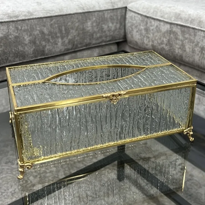 Boîte à mouchoirs rectangulaire en verre texturé, avec cadre et pieds dorés