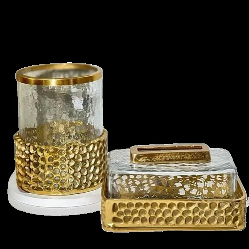 Boîte à mouchoirs en métal martelé doré et en verre transparent, avec un récipient rond assorti