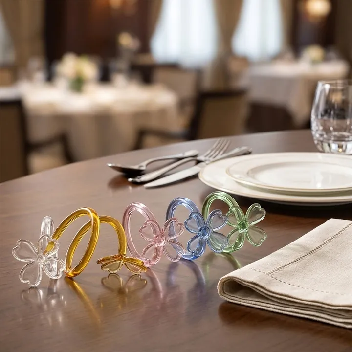 Des ronds de serviette en forme de fleur en verre multicolore sur une table de restaurant