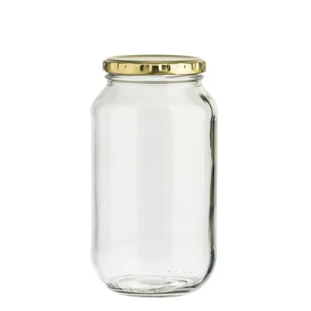 Clear cylindrical glass food jar with gold metal lid