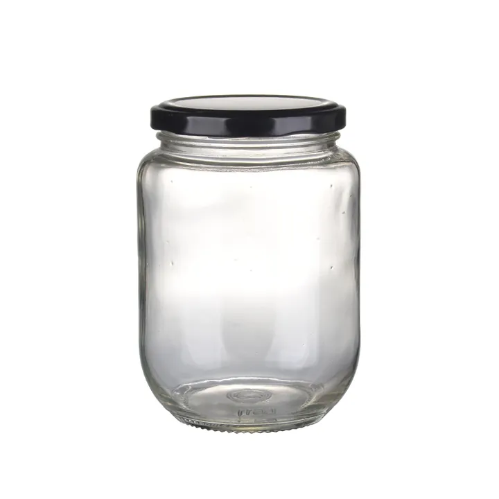 Clear round shoulder food jar with black metal lid