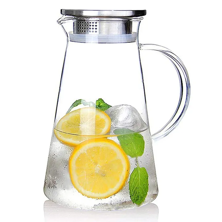 Pichet à eau en verre effilé avec couvercle en acier inoxydable perforé