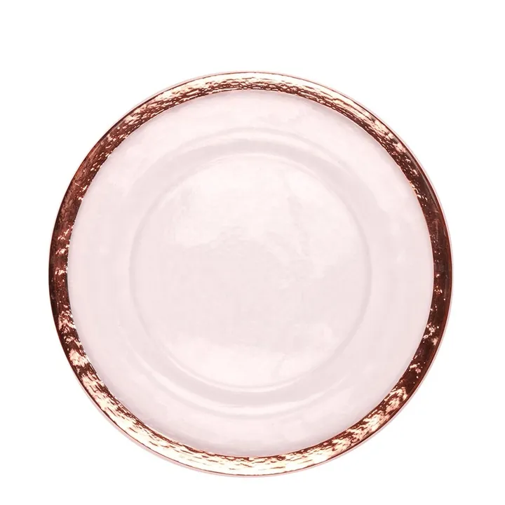 Transparente runde Glasplatte mit roségoldfarbenem Rand