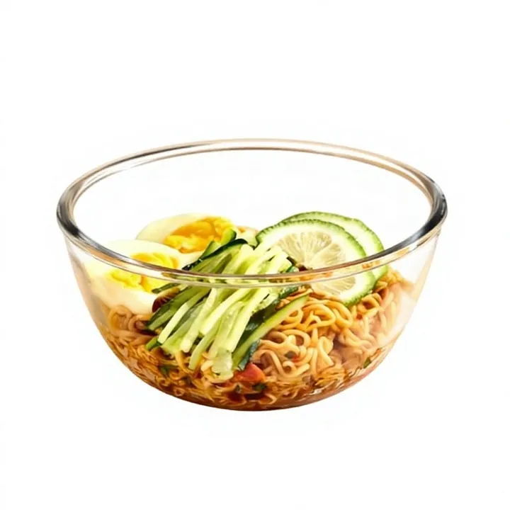 Transparent glass bowl with noodles egg and vegetables