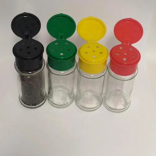 Glass spice shaker jars with black green yellow and red flip lids