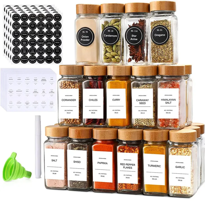 Square glass spice jars with bamboo lids round labels and white category labels