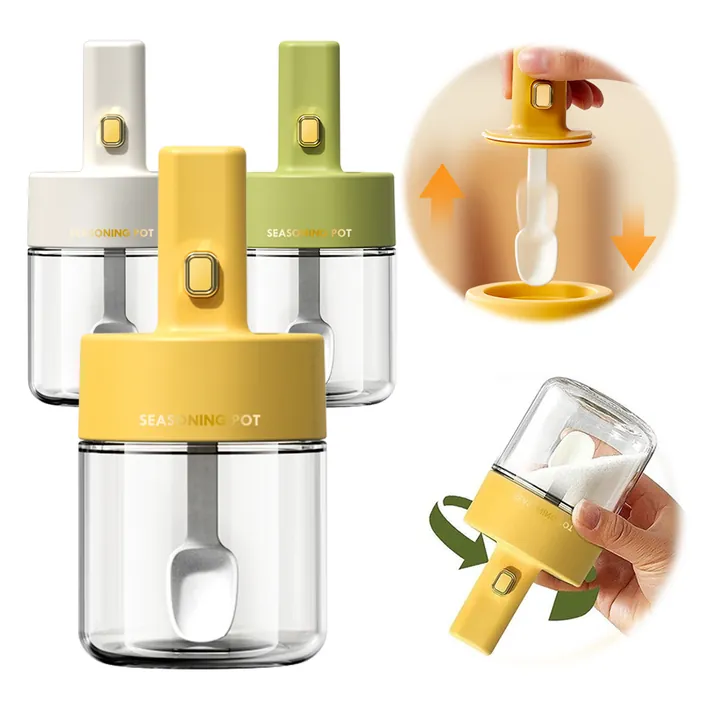 Glass spice jars with retractable spoon lid and inverted structure