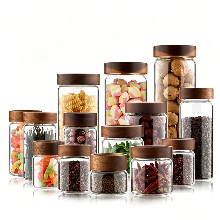 Glass storage spice jars with wooden lids filled with dry foods and spices