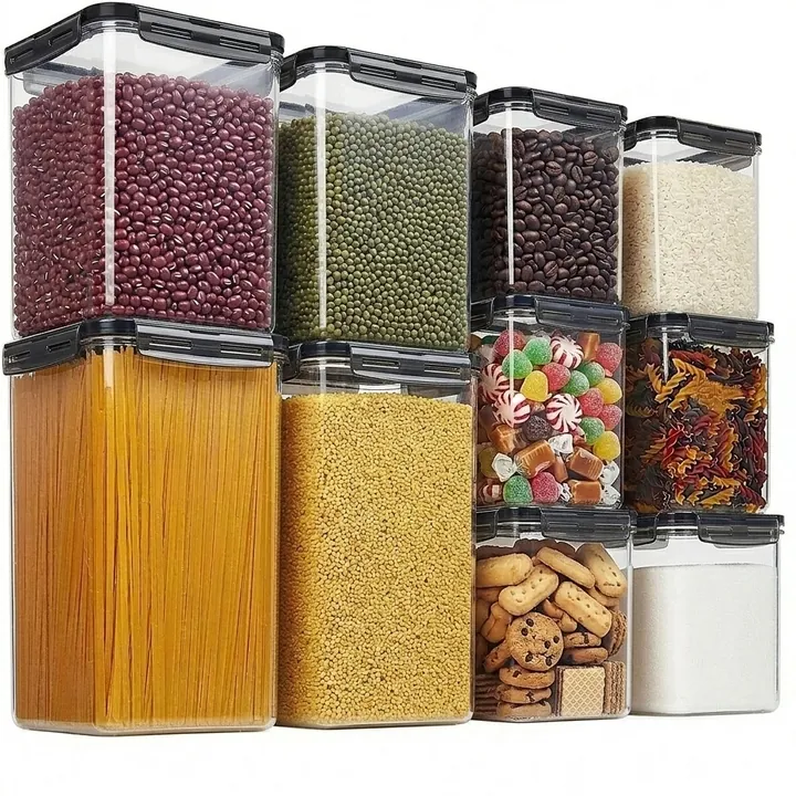 Square glass canisters storing rice pasta and beans
