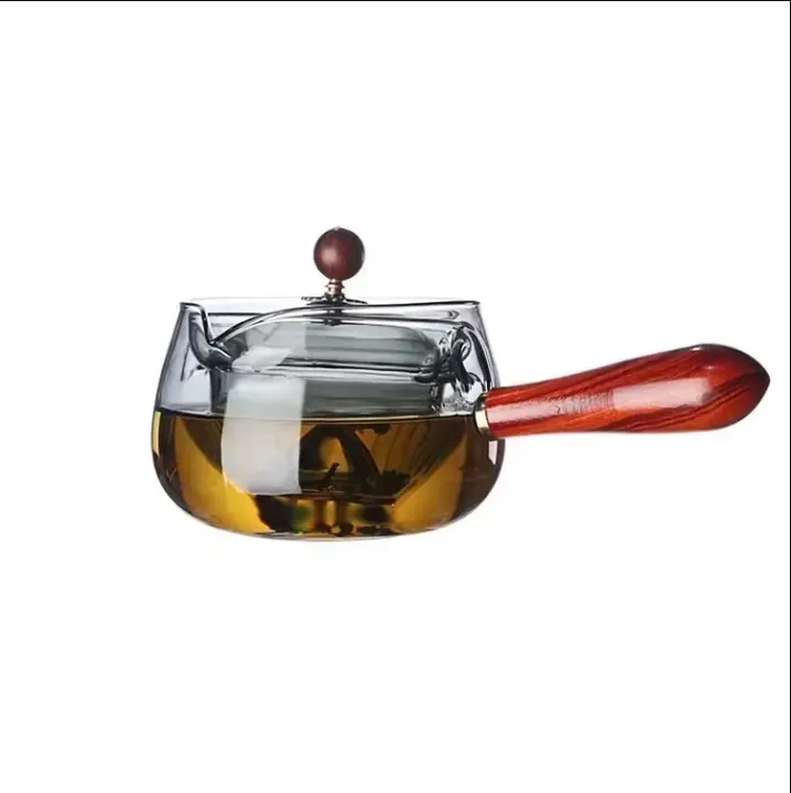 Théière ronde en verre transparent, dotée d'une longue poignée en bois et d'un infuseur intégré