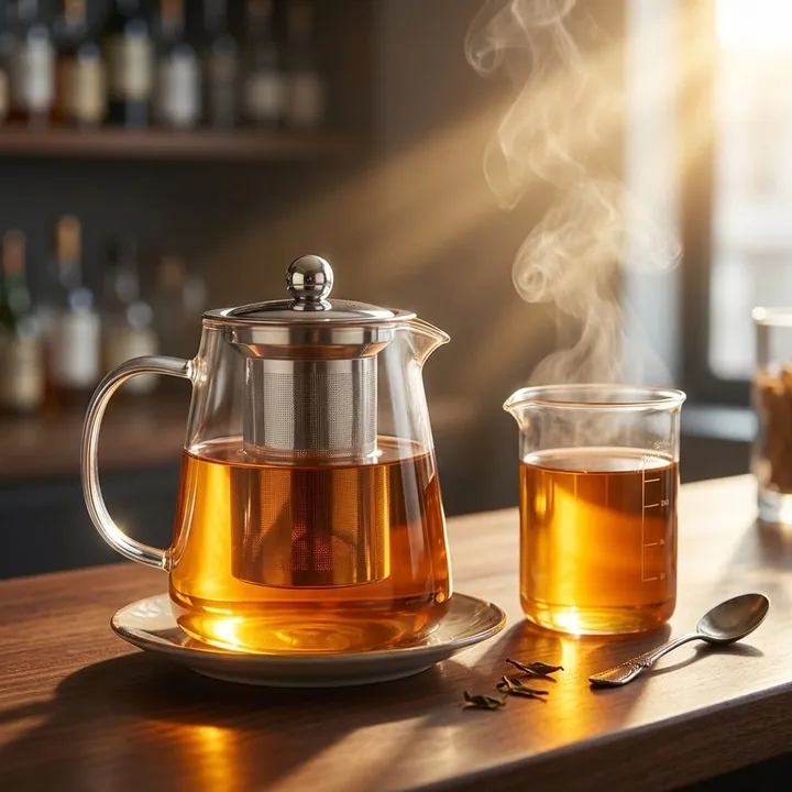 Théière en verre avec infuseur en métal et tasses à thé, disposées sur une table ensoleillée