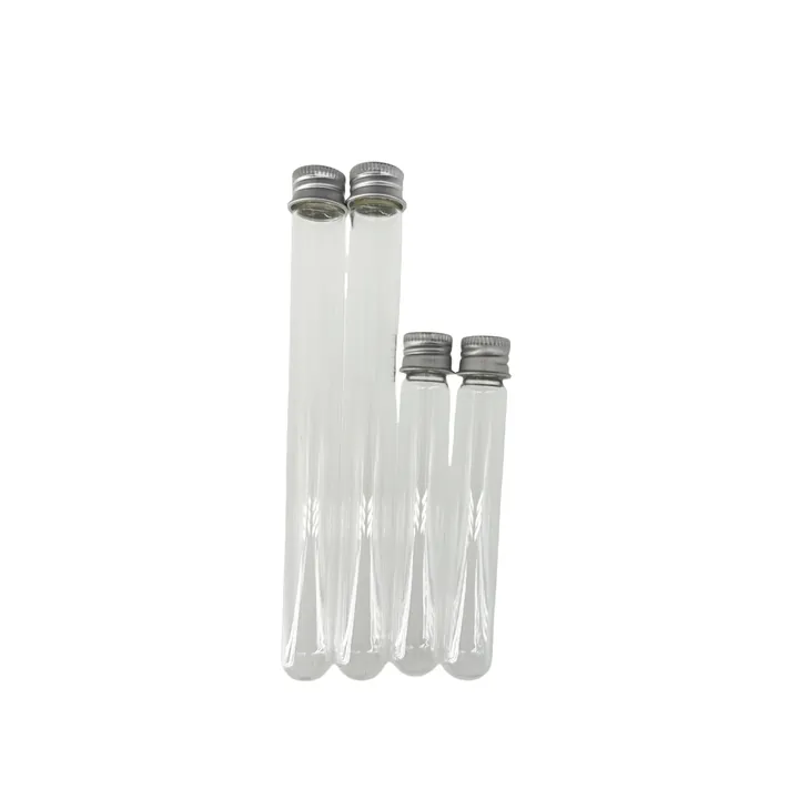 Transparent round bottom glass tubes with silver aluminum caps in different lengths