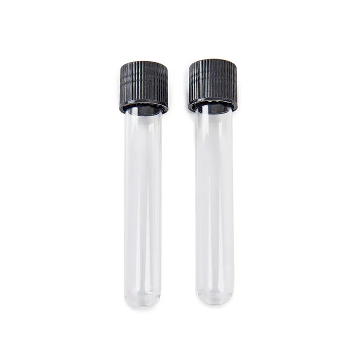 Two transparent round bottom glass tubes with black screw caps