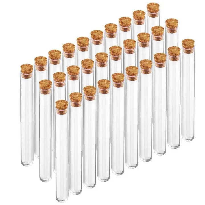 Transparent round bottom glass test tubes with cork stoppers