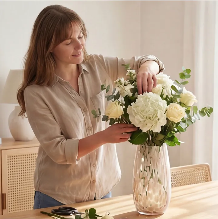 Eine Person, die weiße Blumen in einer klaren, strukturierten Glasvase arrangiert