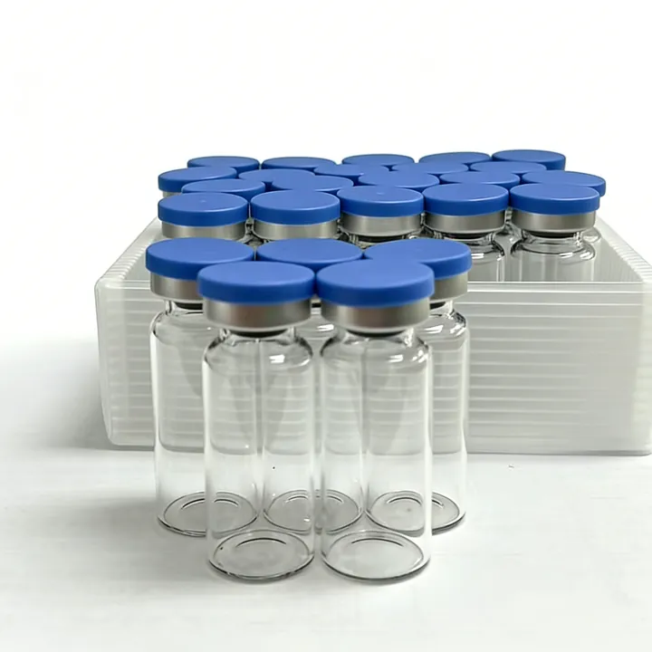 Clear glass vials arranged in white tray packaging