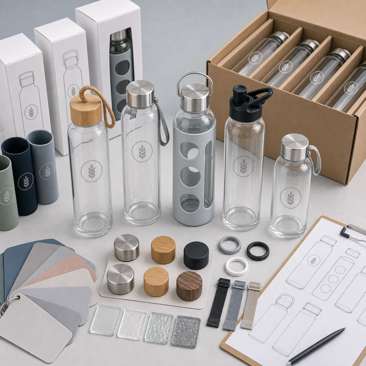 Custom Glass Water Bottle OEM ODM service with lid sleeve packaging samples