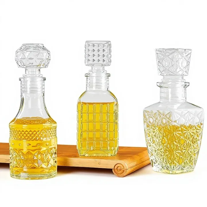 Drei Whiskykaraffen aus Glas mit unterschiedlichen Schliffmustern