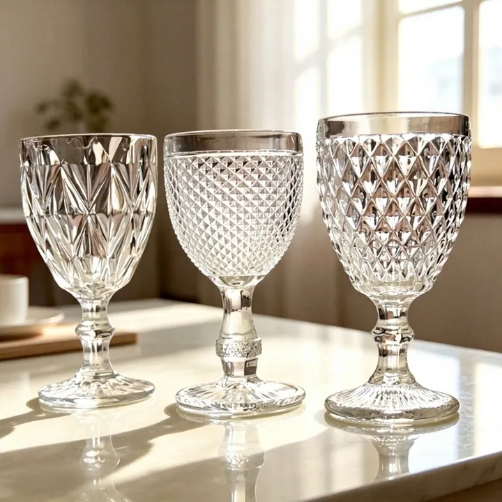 Tres copas de cristal transparente sobre la mesa