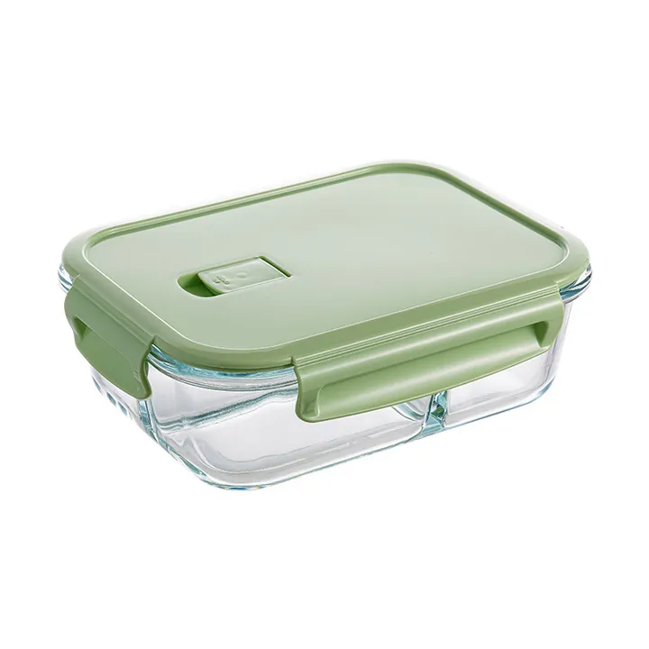 Green lid rectangular divided glass lunch box