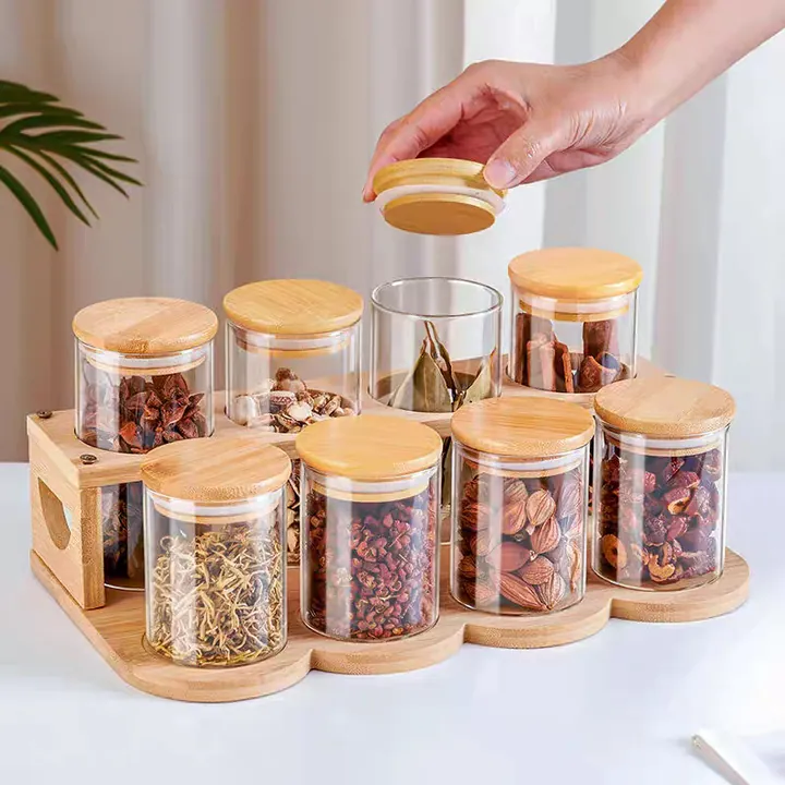 Round herb jars arranged on a wooden storage rack